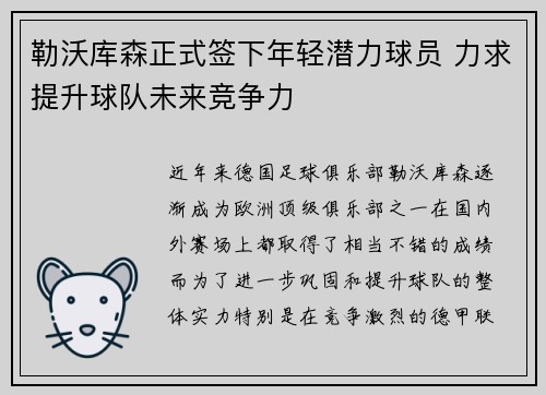 勒沃库森正式签下年轻潜力球员 力求提升球队未来竞争力