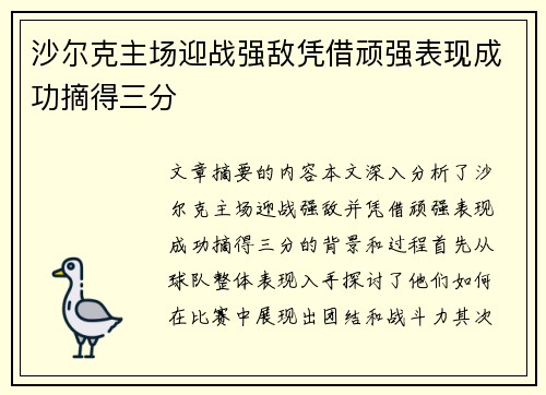 沙尔克主场迎战强敌凭借顽强表现成功摘得三分