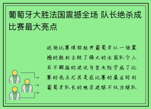葡萄牙大胜法国震撼全场 队长绝杀成比赛最大亮点