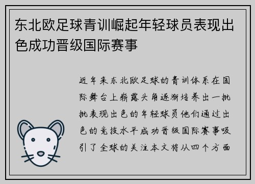 东北欧足球青训崛起年轻球员表现出色成功晋级国际赛事